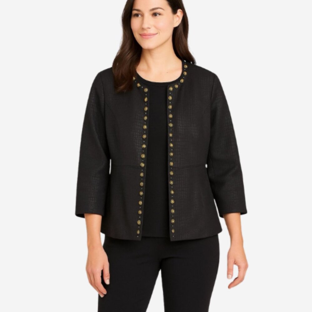 Y2K Ruby Rd. Jacket Woman's Size 12 Black Open Front Croc Embossed Studded Trim